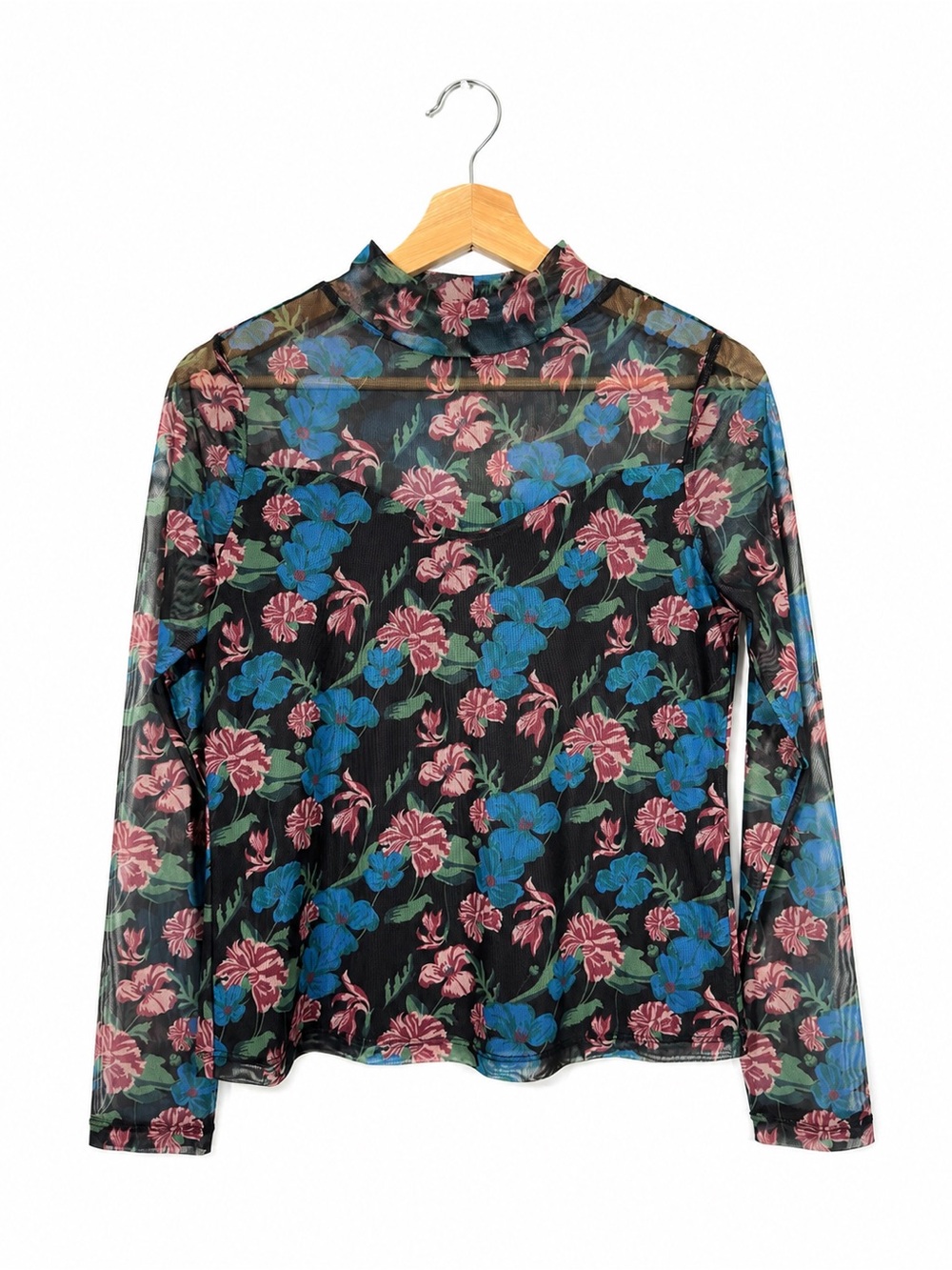 Saks Fifth Avenue Floral Sheer Mesh Long Sleeve Top Mock Neck Blouse Size S 90s